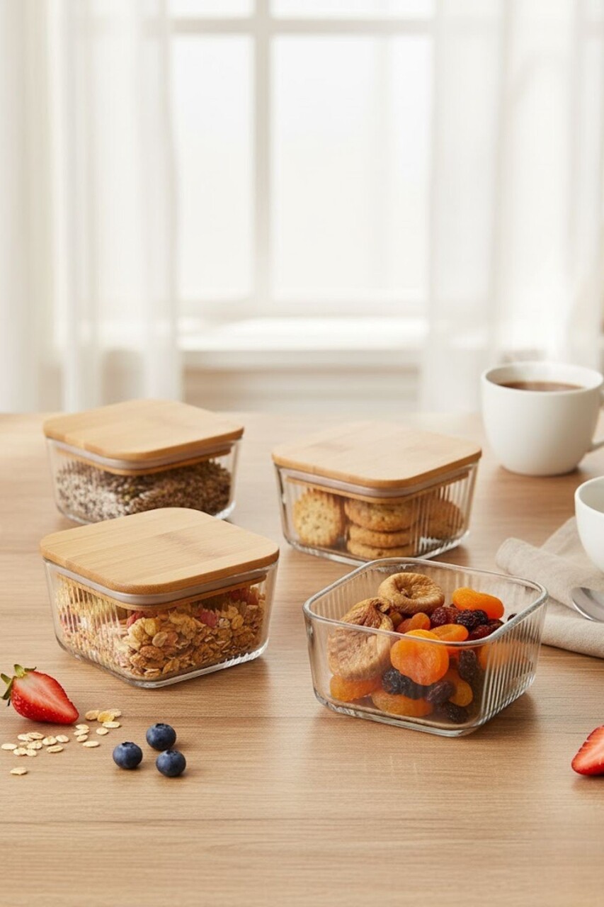 Set recipiente depozitare, Hermia, 409PBH1420, Capac din bambus: (4 bucăți), Transparent - imagine 7